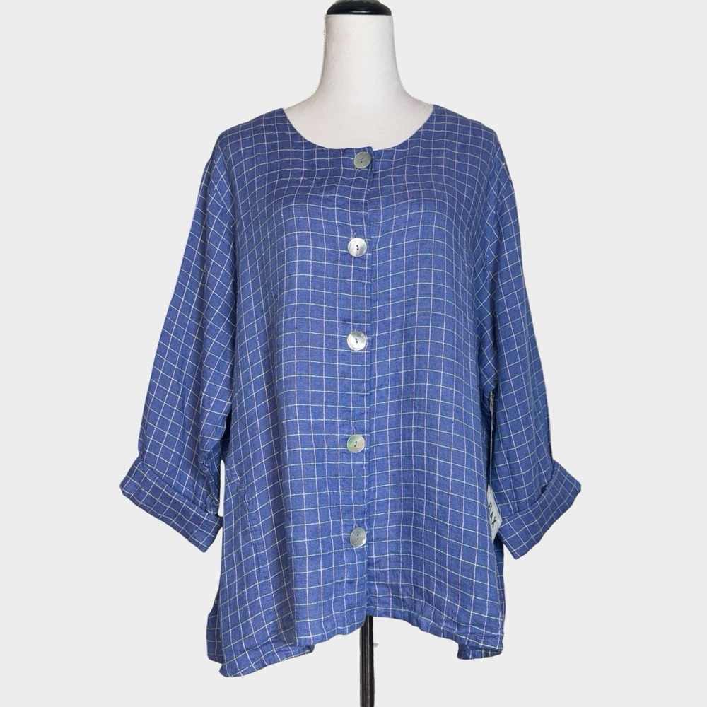 FLAX 100% Linen Jacket Button Blouse Tunic 1G Plaid Blue Pink Green Lagenlook